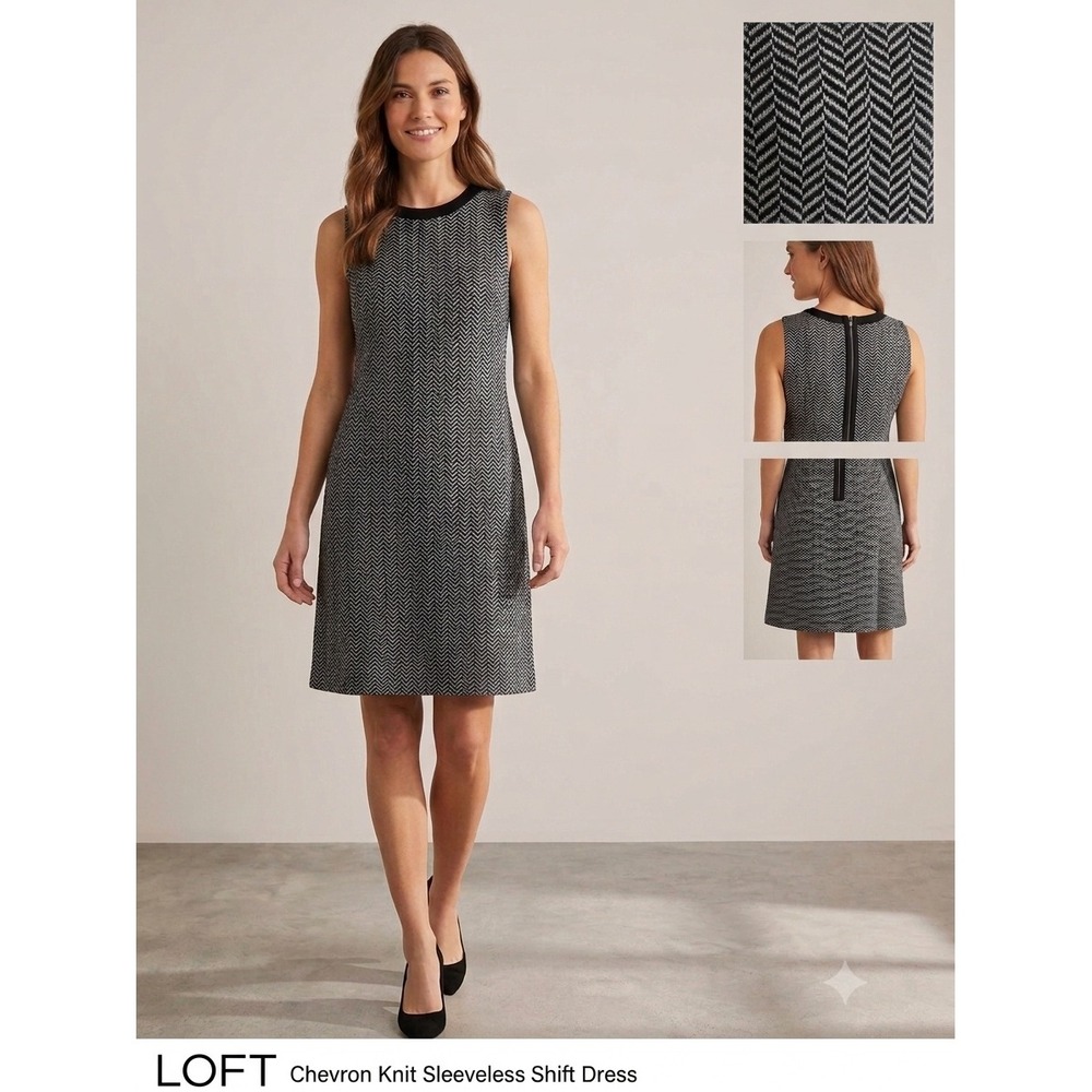 LOFT Shift Dress Women SP Black Chevron Knit Sleeveless Workwear‎ Casual